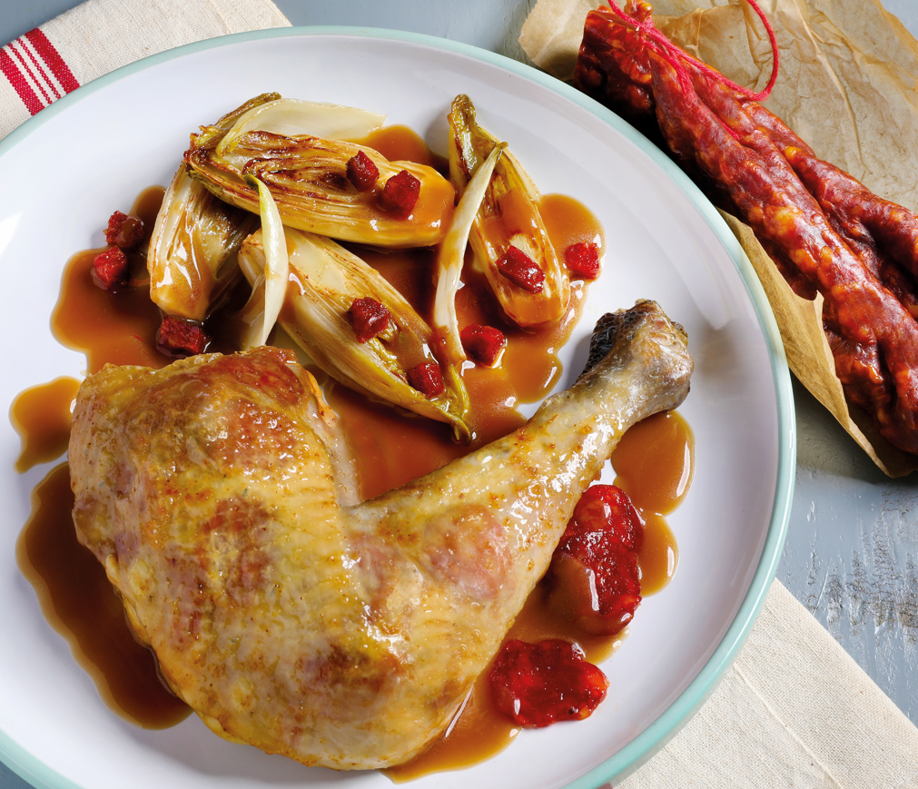 Cuisses de poulet au chorizo et endives braisées - Novoviande