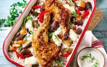 Cuisses de poulet au four, au riz et poivrons