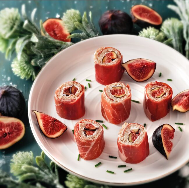 Jambon Bellota : roulé de jambon, fromage frais et figues